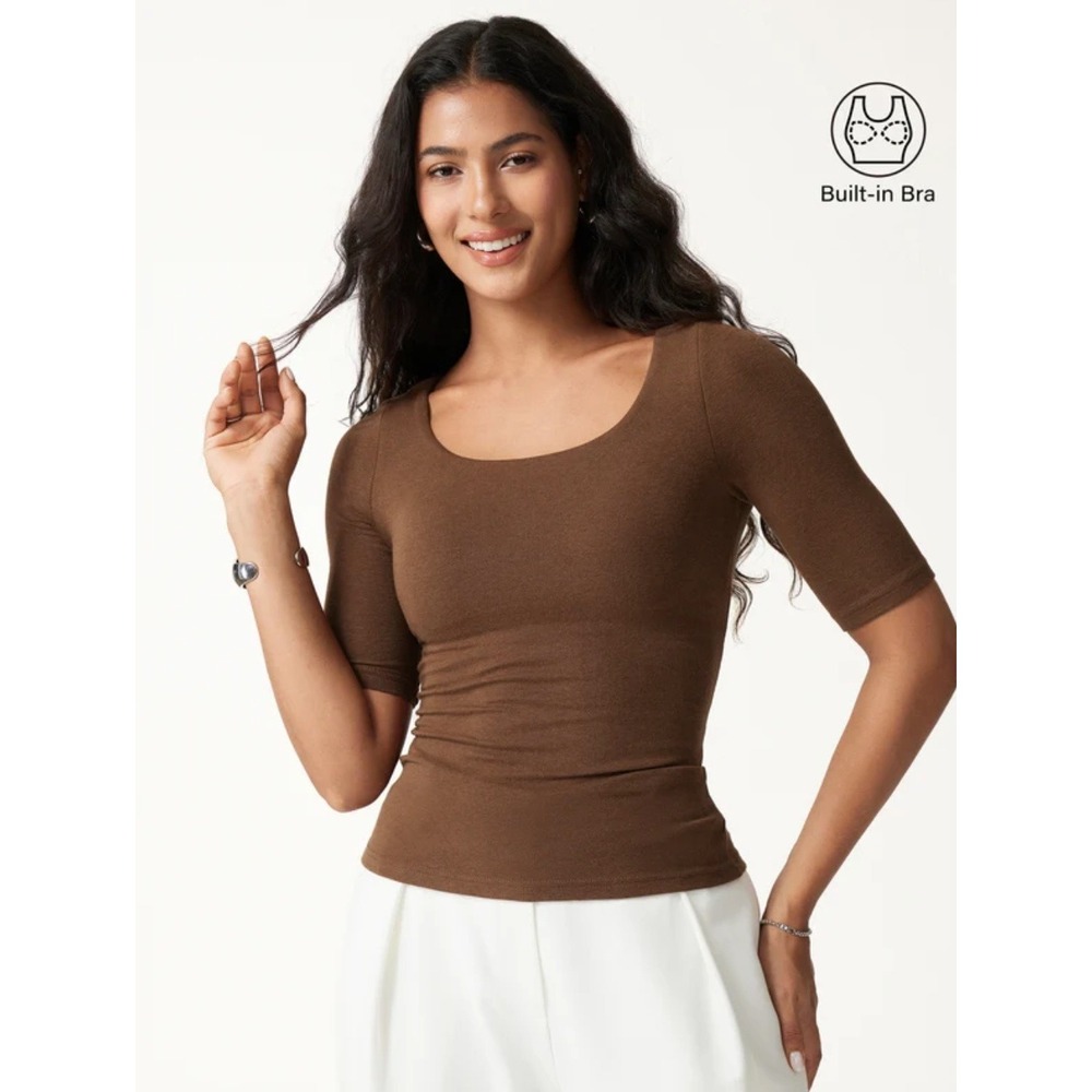 OGL Essential Elbow Length Sleeve Square Neck Bra Top Sweet Hazelnut Brown M NWT